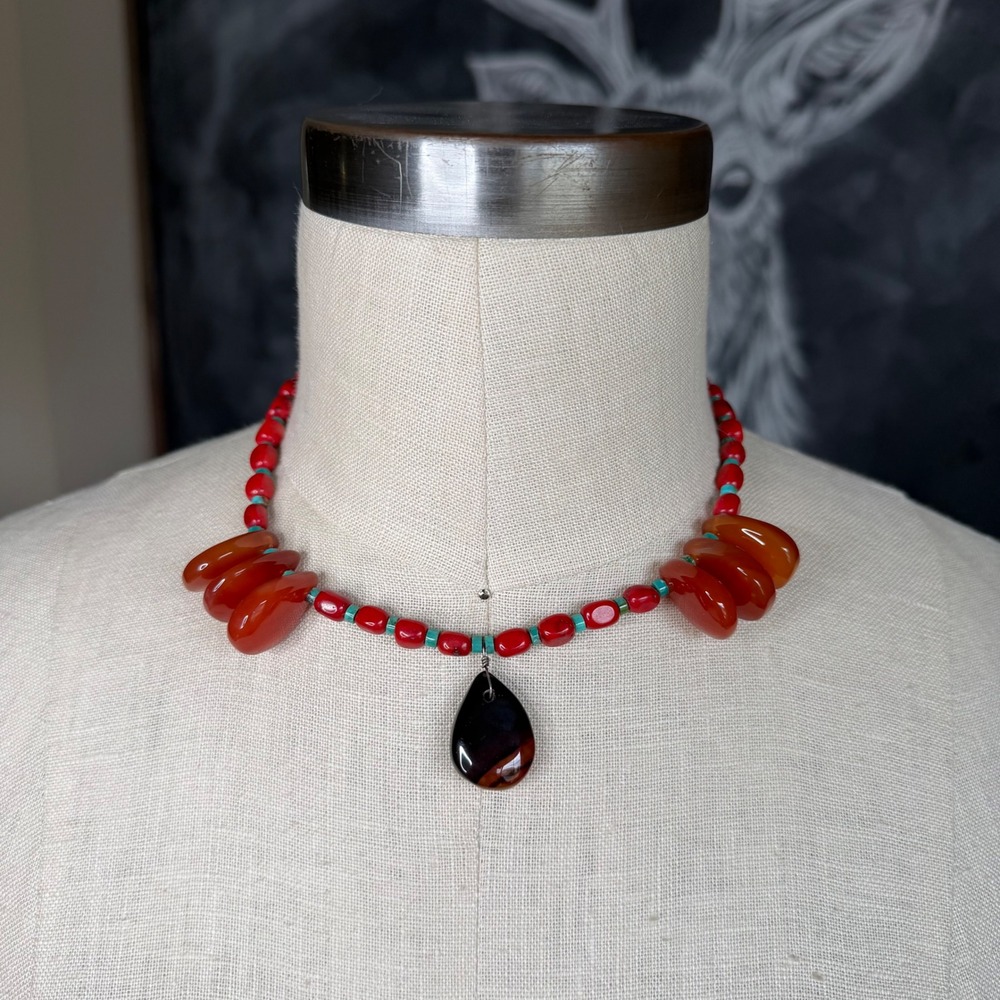 PEYOTE BIRD Free Spirit Necklace Red Agate Turquoise Sterling Silver Women's NEW